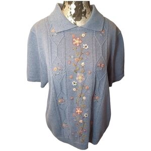 Alfred Dunner Embroidered Beaded Floral Short Sleeve Pastel Blue Collar Shirt